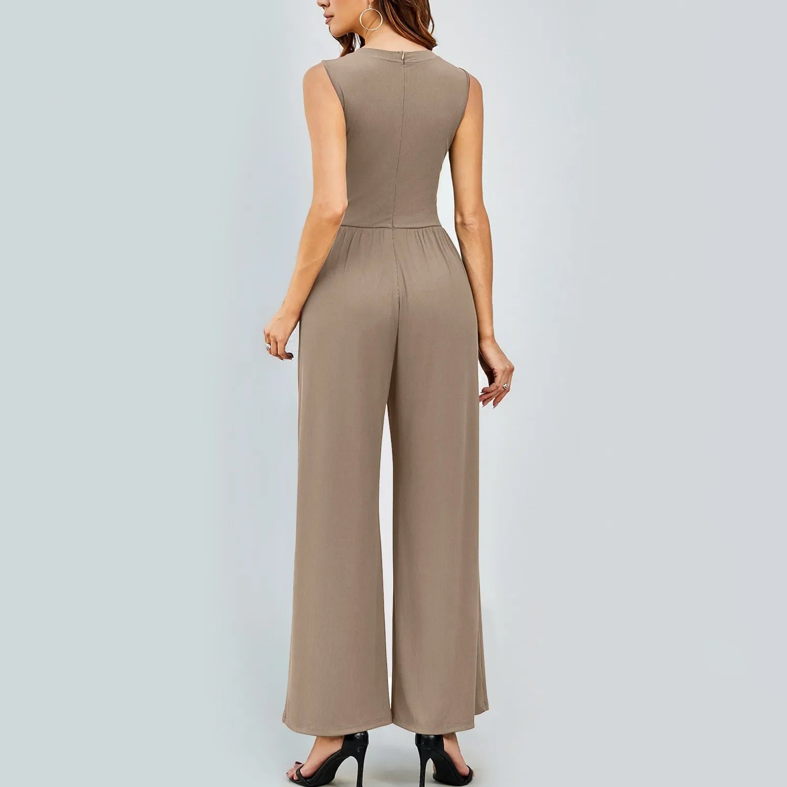 Women Sleeveless High Neck Ribbed Tank Top Jumpsuit Wide Leg Pants Romper with Tummy Control and High Waist Casual Summer Outfit