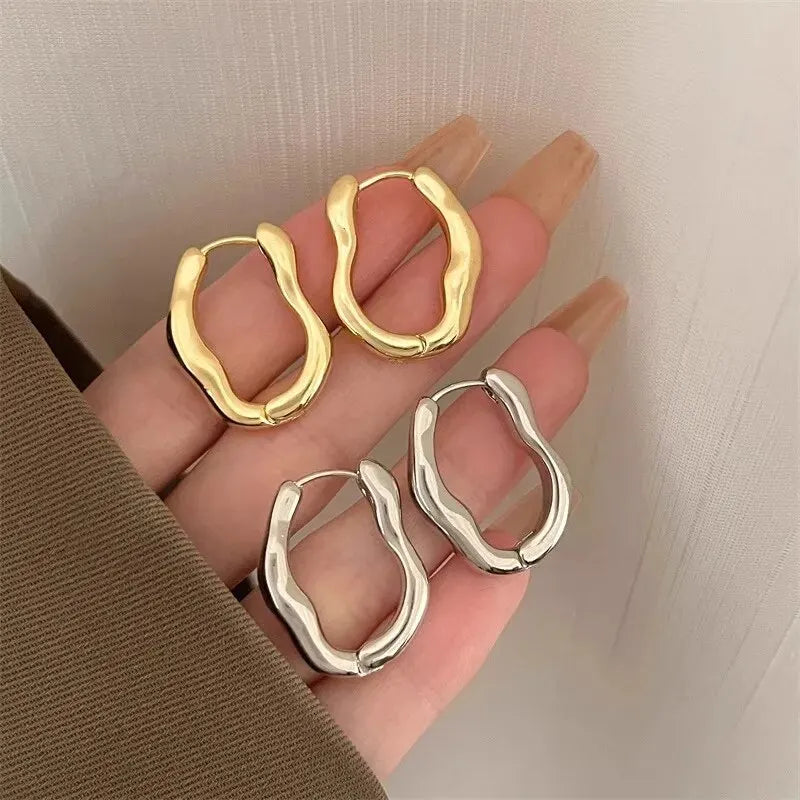 Gold Color Metallic Geometric Hoop Earrings for Women Personalized Irregular Design Party Jewelry