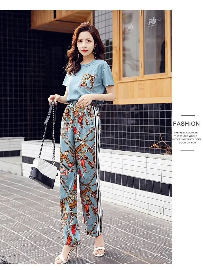 Women's Plus Size Two Piece Suit Set with Short Sleeve Tops and Wide Leg Pants for Casual Summer Fashion