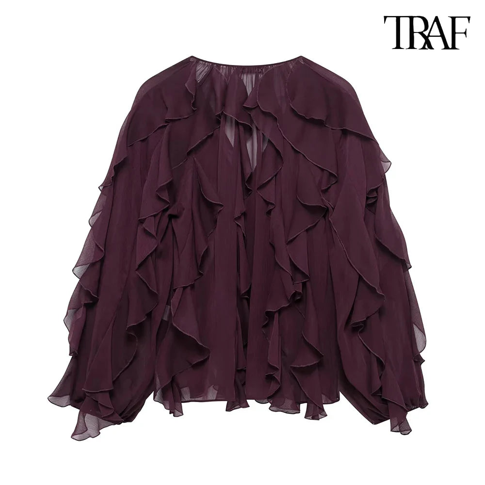 Loose Fit Burgundy Mesh Ruffle Shirt with Flutter Sleeves and Stacked Decorative Design for Women