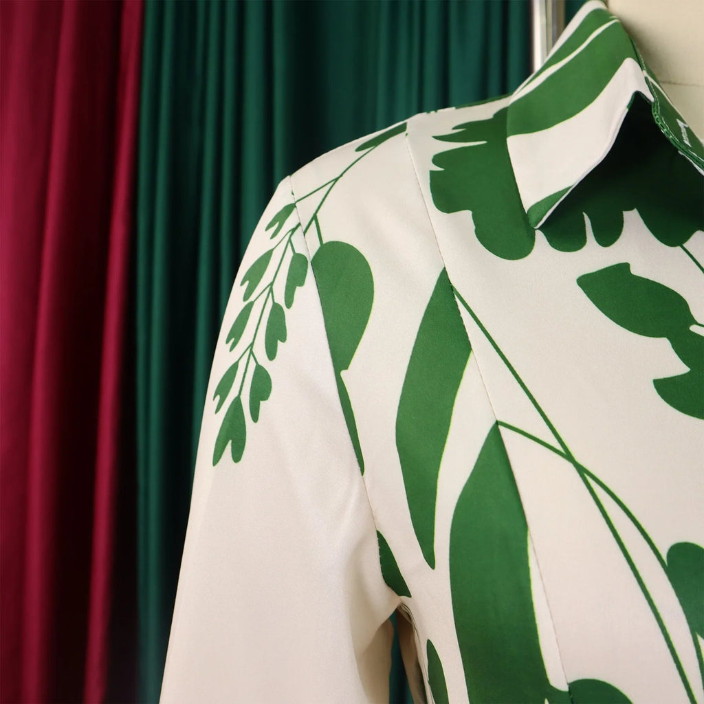 Printed Dress For Women Elegant Turn Collar Ankle Length