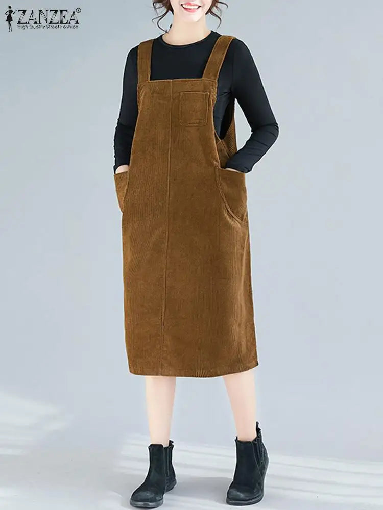 Corduroy Overalls Dress Women With Pockets Sundress