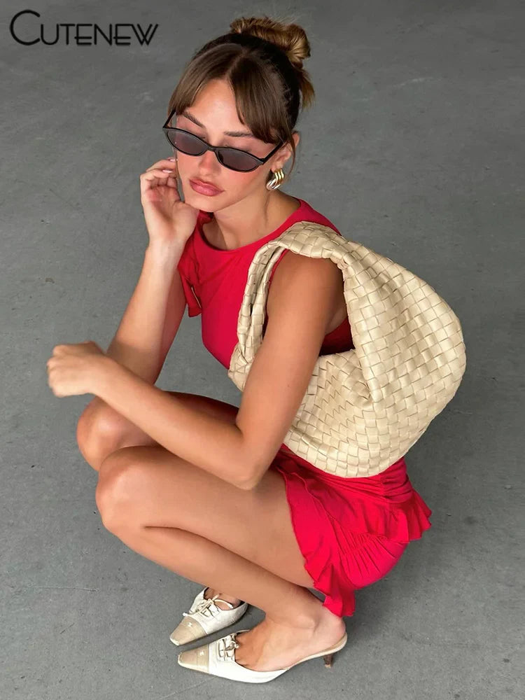 Women's Halter Lace-Up Two-Piece Set with Spaghetti Strap Camisole and Slim Fit Mini Skirt Stylish Streetwear Dress Suit