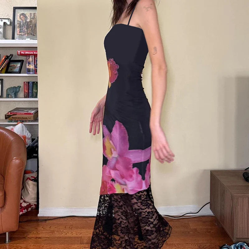 Black Lace Backless Maxi Dress Sleeveless Summer Clubwear