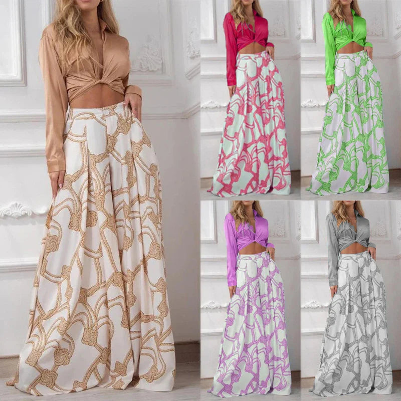 Printed Casual Suit with Lace-Up Shirt and High Waist Wide Leg Pants Set for Women