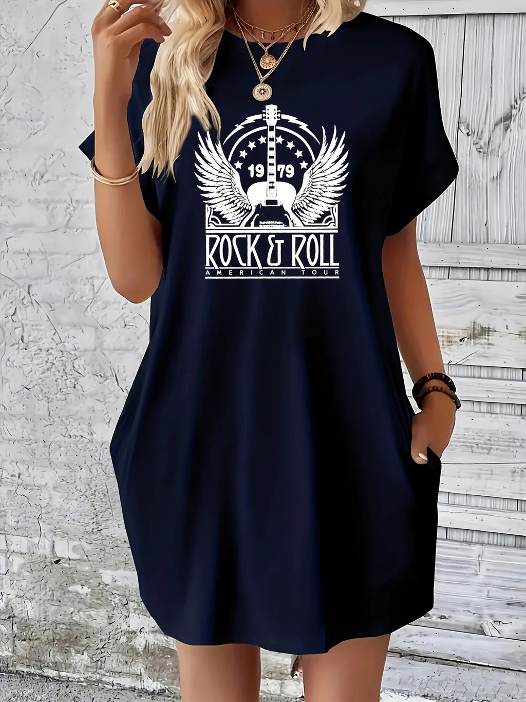 Plus Size Summer Dress Letter Print Round Neck Short Sleeve