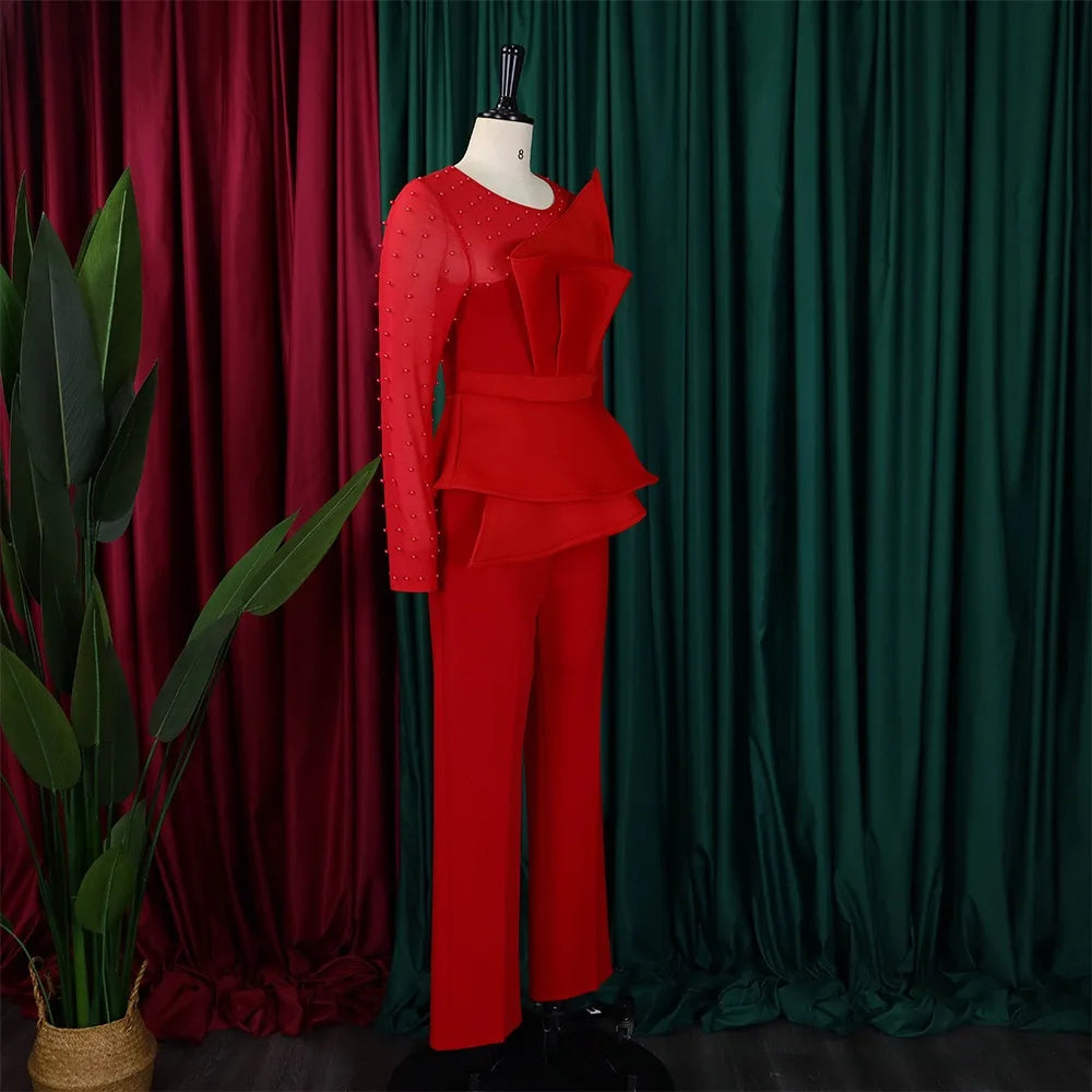 Elegant High Waisted Jumpsuit for Women with Round Neck Beaded Detail and Transparent Sleeves Perfect for Birthday Parties and Special Occasions