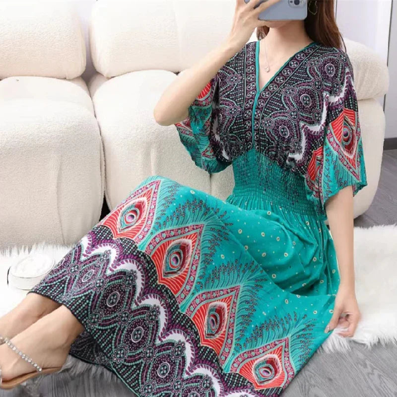Sweet Countryside Printed Midi Dress V Neck Batwing