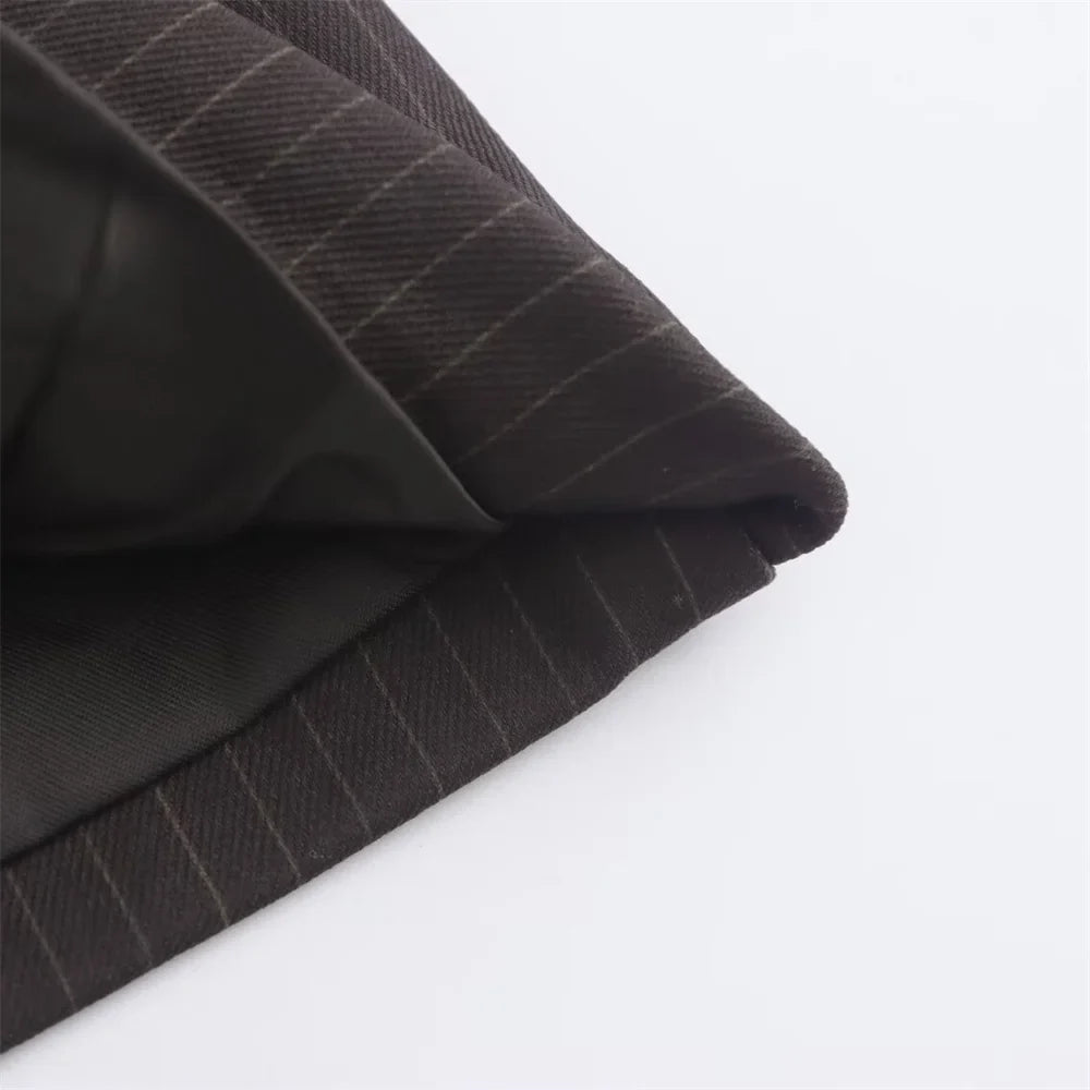 Autumn Women's Fashion Striped Loose Suit Coat with Buckle Decoration and High Waist Striped Pants Set