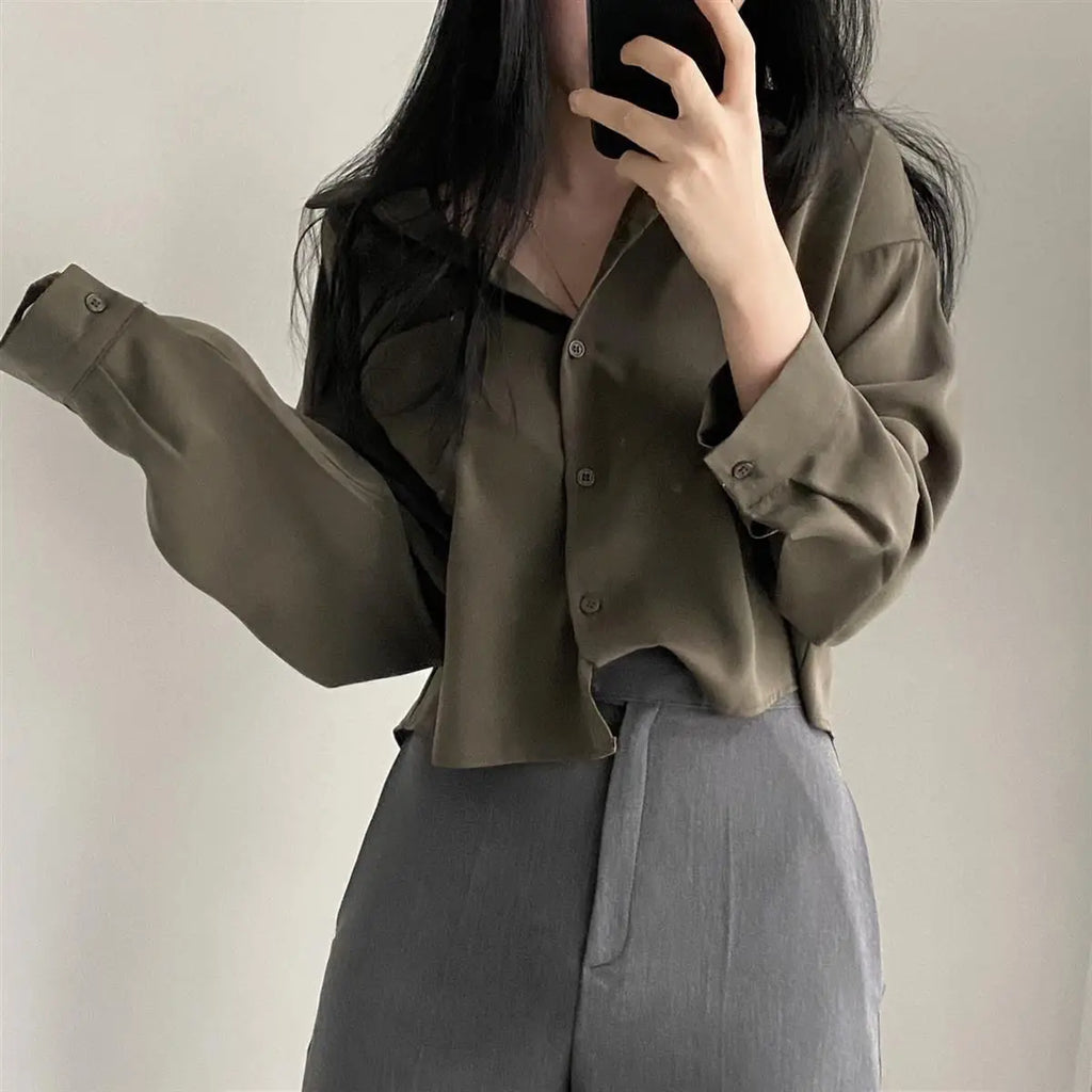 Elegant Long Sleeved Single Breasted Loose Casual Shirt and Blouse Solid Color Short Top for Women