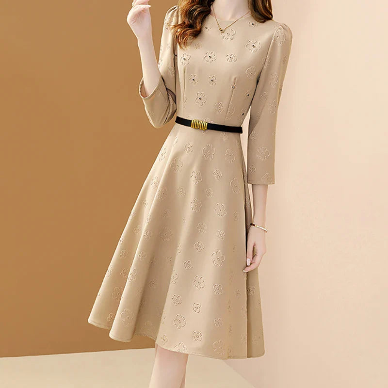 Floral Embroidered Belt Dress for Women O Neck A Line