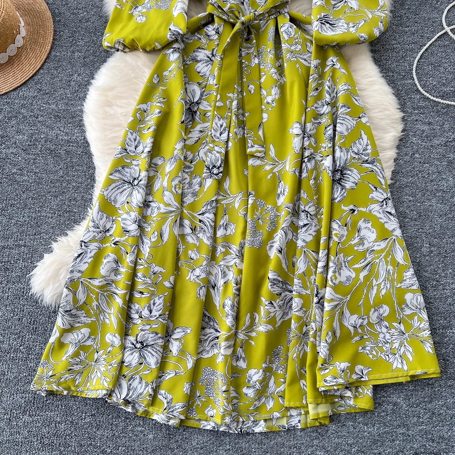Boho Floral Print Pleated Maxi Dress With Puff Sleeves Belt