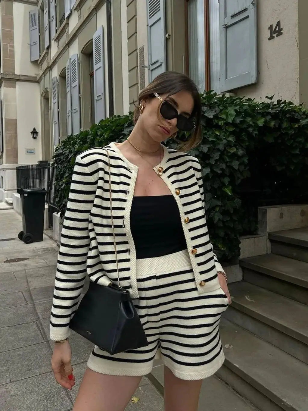 Autumn Striped Single Breasted Knit Cardigan and Shorts Two Piece Set for Women Elegant Sweater Top and Matching Bottoms Stylish Streetwear Outfit