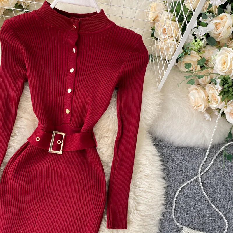 Womens Winter Knitted Dress Stand Collar With Sash Belt