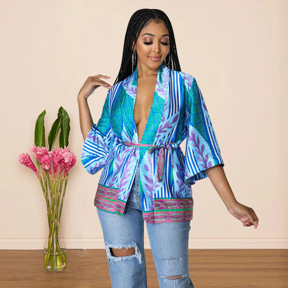 Women's Imitation Silk Printed Two Piece Set with Lace-Up Long Sleeve Top and Wide-Leg Pants for Casual Street Style