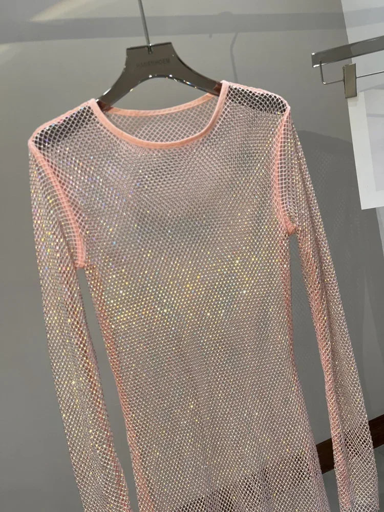 Colorful Sequin Diamond Dress Round Neck Midi Hollow