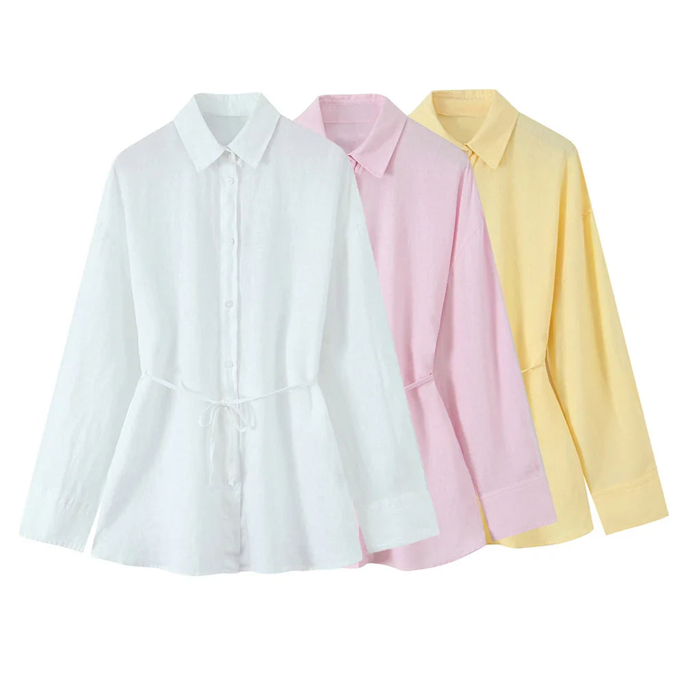 Loose Fitting Women's Shirt with Lapel and Buckle Solid Color Design Casual Chic Spring and Summer Blouse