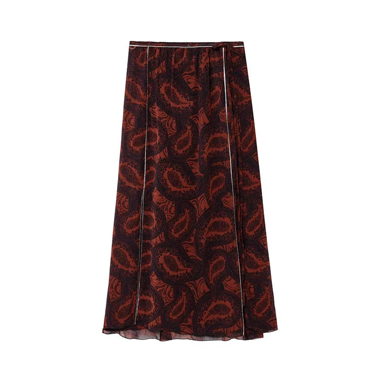 Women's Spring Printed Midi Skirt Two-Piece Set with Casual Folded Silk Texture Shirt and High Waist Skirt