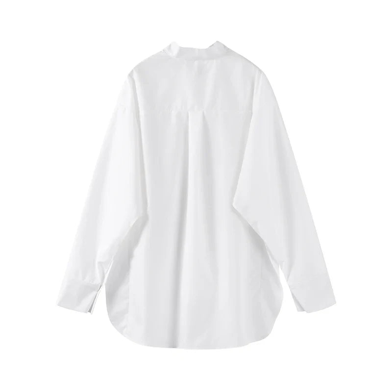 White Chiffon Shirt for Women with Lapel Collar Lantern Sleeves Single Breasted Irregular Hem Loose Fit Blouse Elegant Casual Top