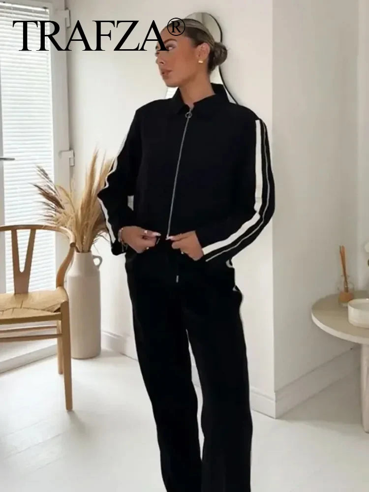 Women's Striped Sports Suit with Long Sleeve Zip Lapel Coat and High Waist Wide Leg Pants Two-Piece Set