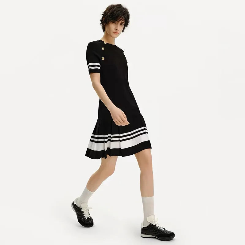 Women Short Sleeve Knit Dress Contrast Fit Flare Summer