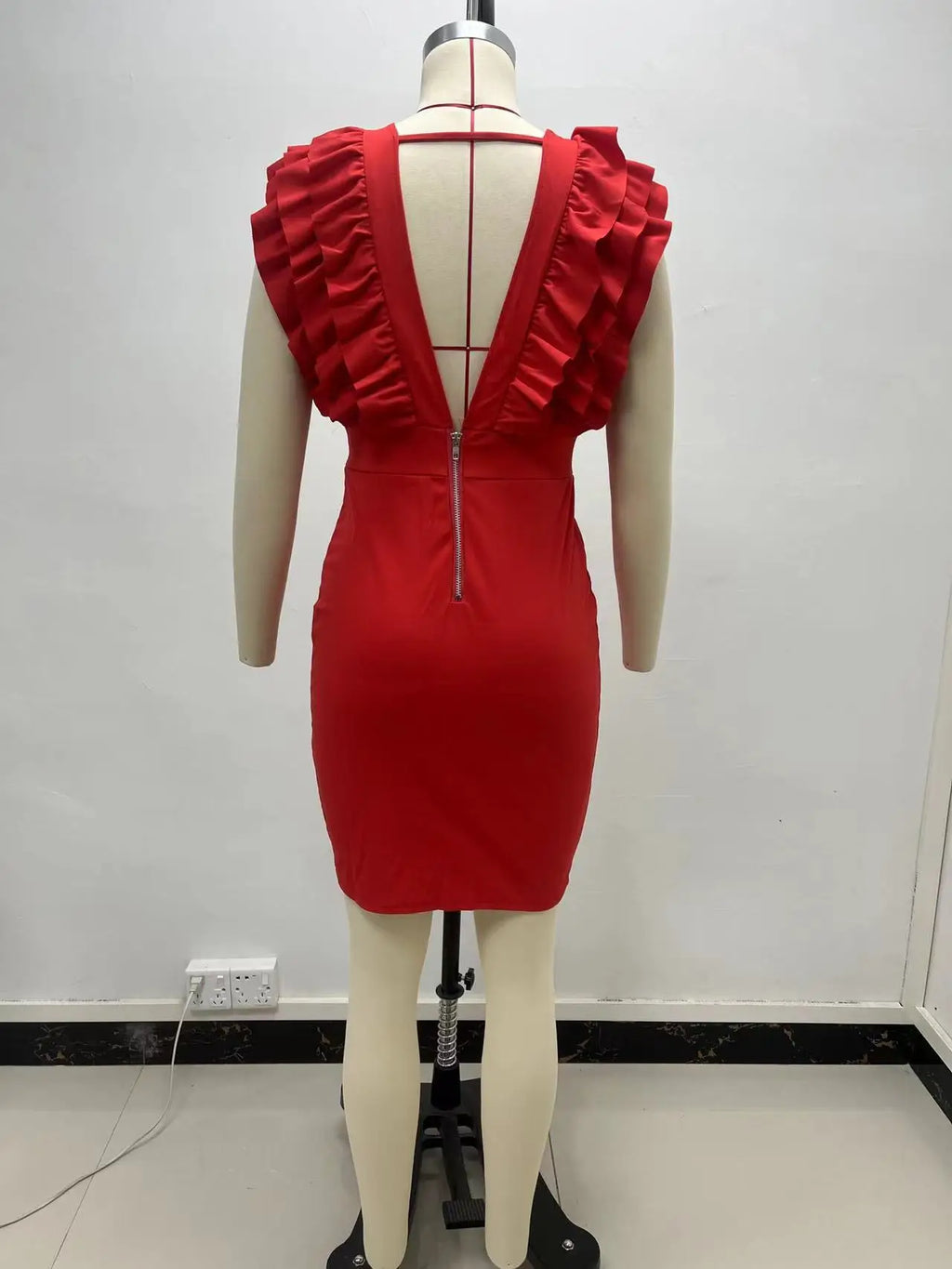 Solid Color Deep V Neck Pleated Mini Dress For Women