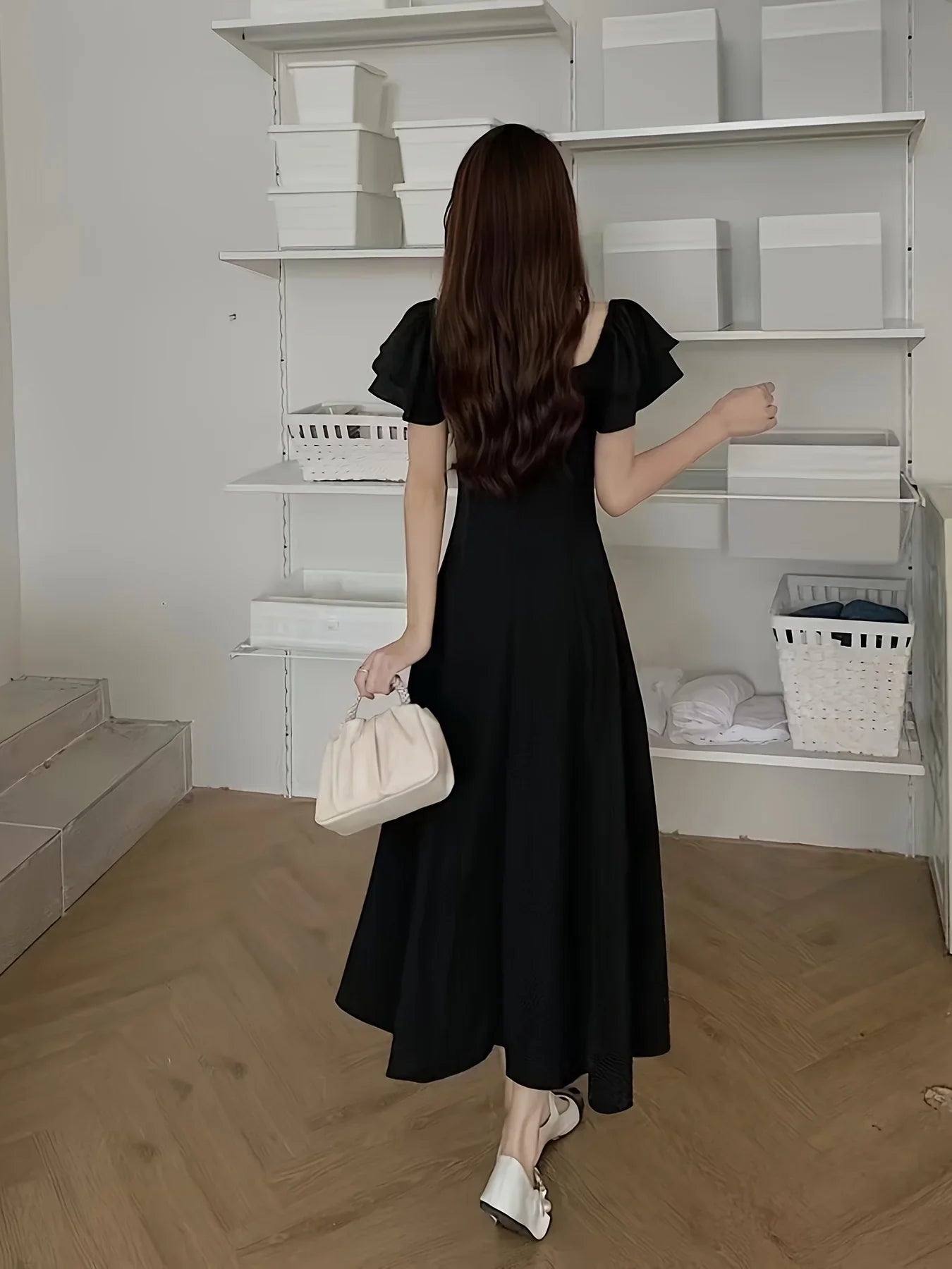 Square Neck Dress With Flutter Sleeves For Spring And Summer