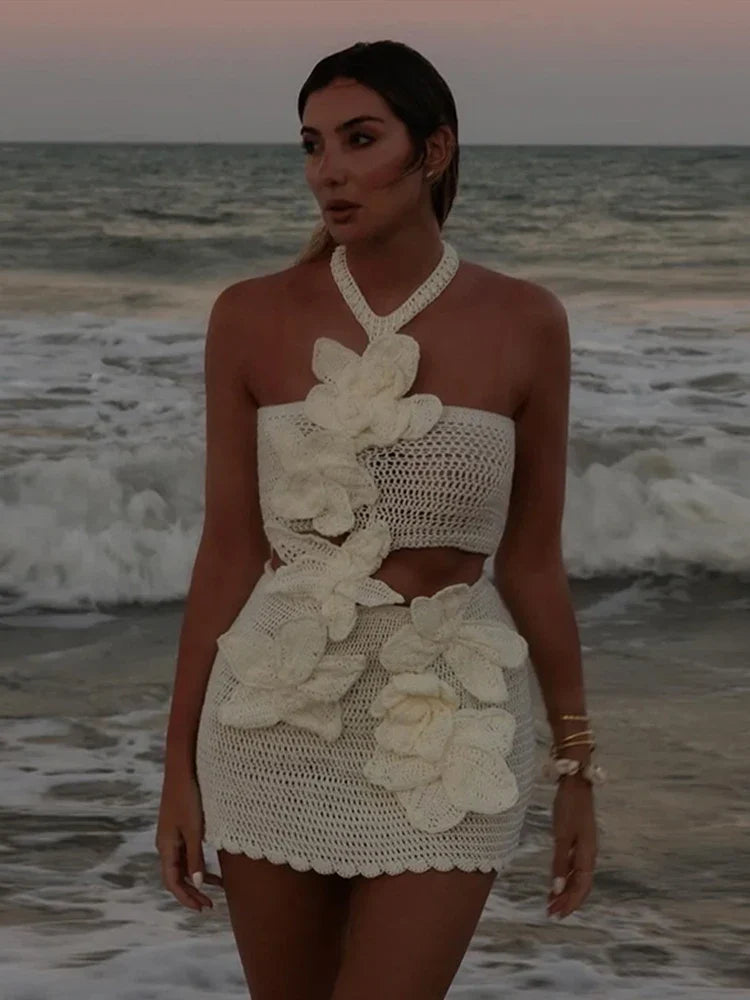 Beach Knit 3D Flower Mini Dress Backless Halter Sundress