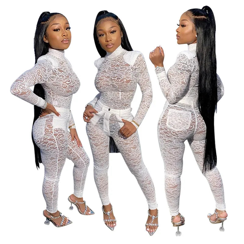 Lace Hollow Out Bodysuit and Pants Set for Women - Slim Fit Midnight Party Bodycon Outfit for Cocktail Events