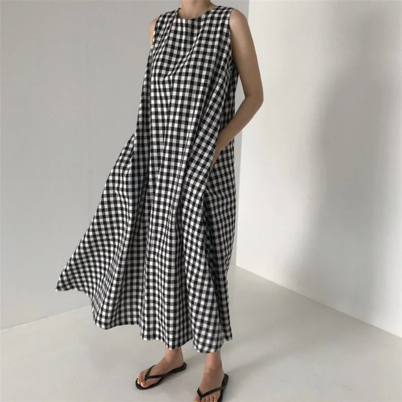 Vintage Plaid Tank Dress for Women High Waist O Neck