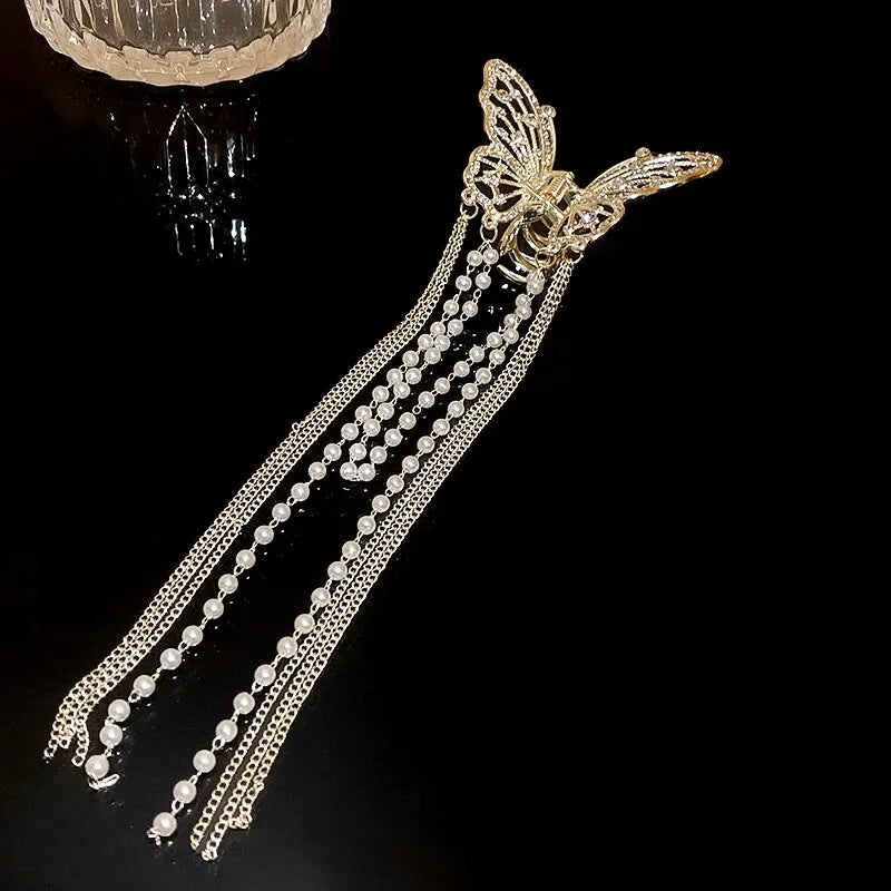 Butterfly Hair Clip With Long Tassel And Imitation Pearl Rhinestone For Elegant Women's Hair Accessories