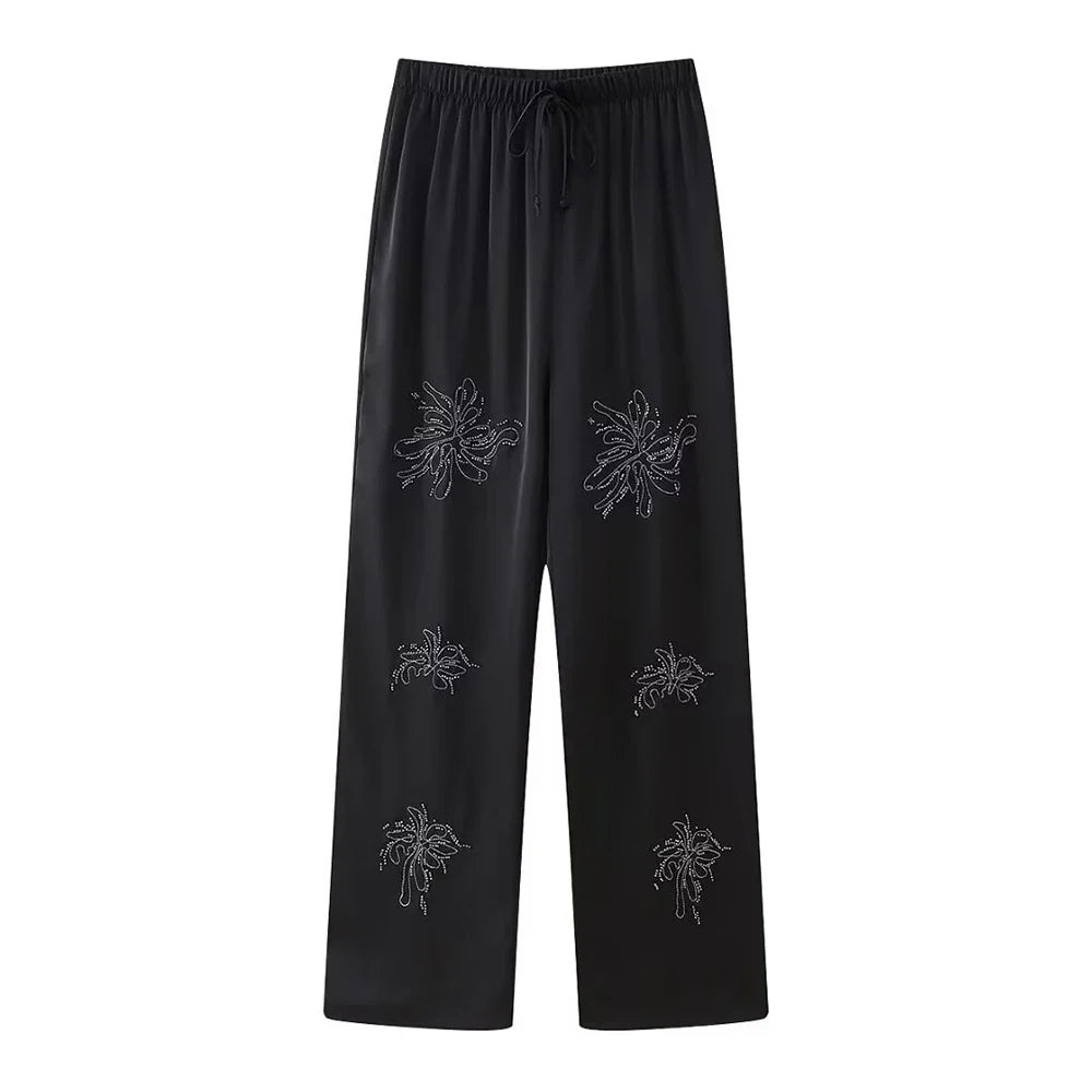 Women's Beaded Embroidery Long Sleeve Shirt and Loose Trousers Set with Lace Up Details