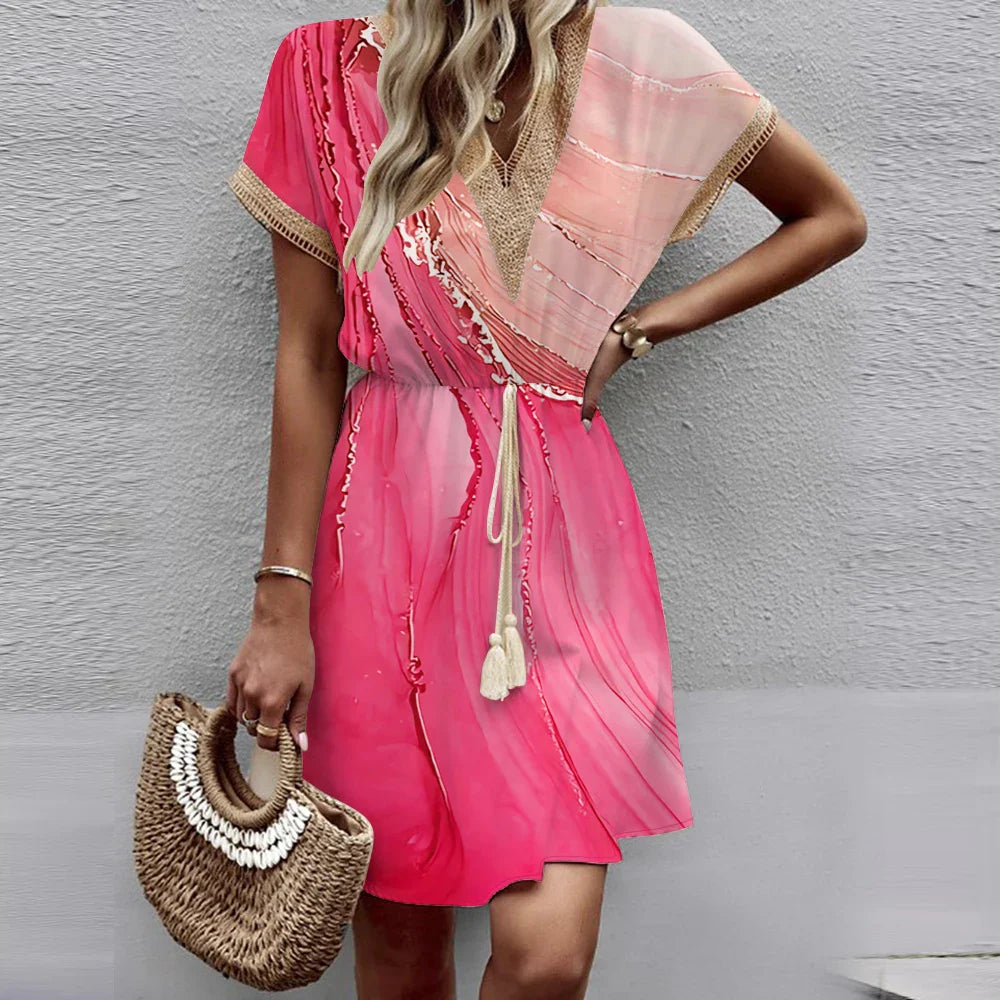 Bat Sleeve Lace Waist Wrap Dress V Neck Printed Midi Length