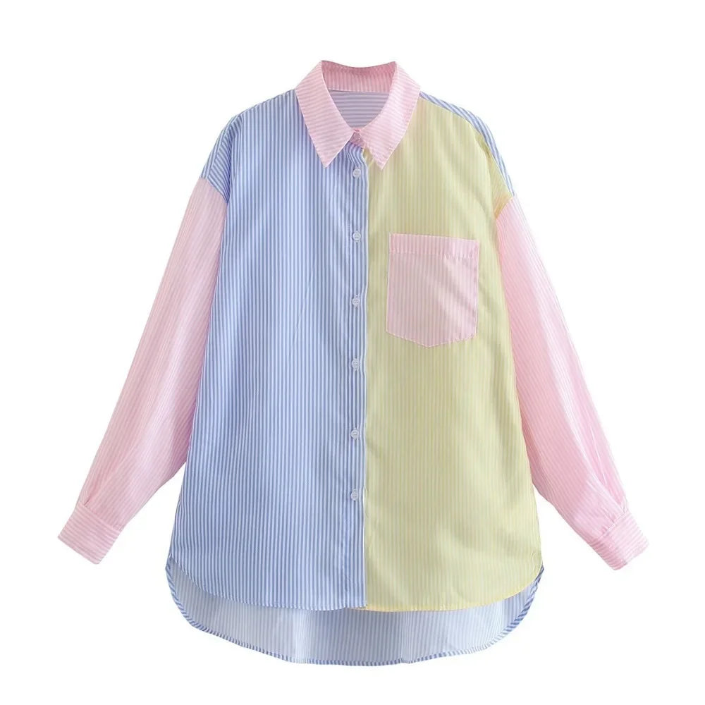 Women Casual Colorblock Striped Long Sleeve Button Up Tunic Shirt with Turn Down Collar Daily Wear Top