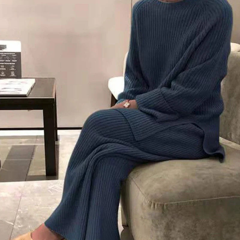 Women Loose Knit Sweater Set with Wide Leg Pants O Neck Pullover Autumn Winter Homewear 2 Pieces