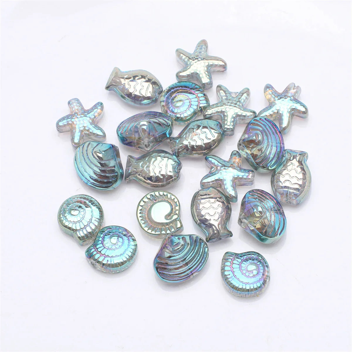 20 Pieces Mixed Shape Crystal Glass Beads for DIY Jewelry Making Including Starfish Snail Shell and Small Fish