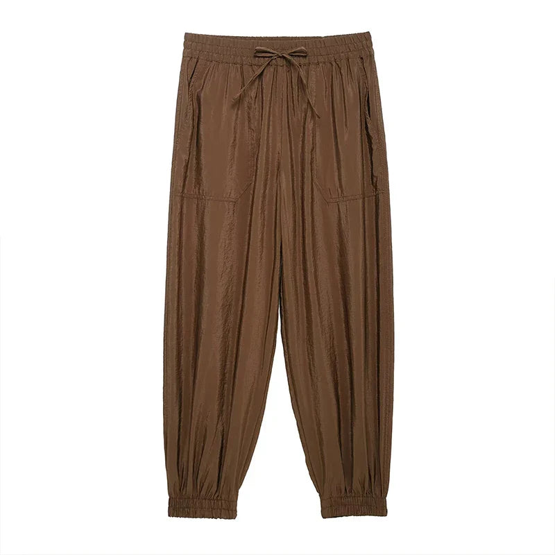 Chic Women's Brown Two Piece Set with Single Breasted Shirt and Vintage Elastic Waist Trousers