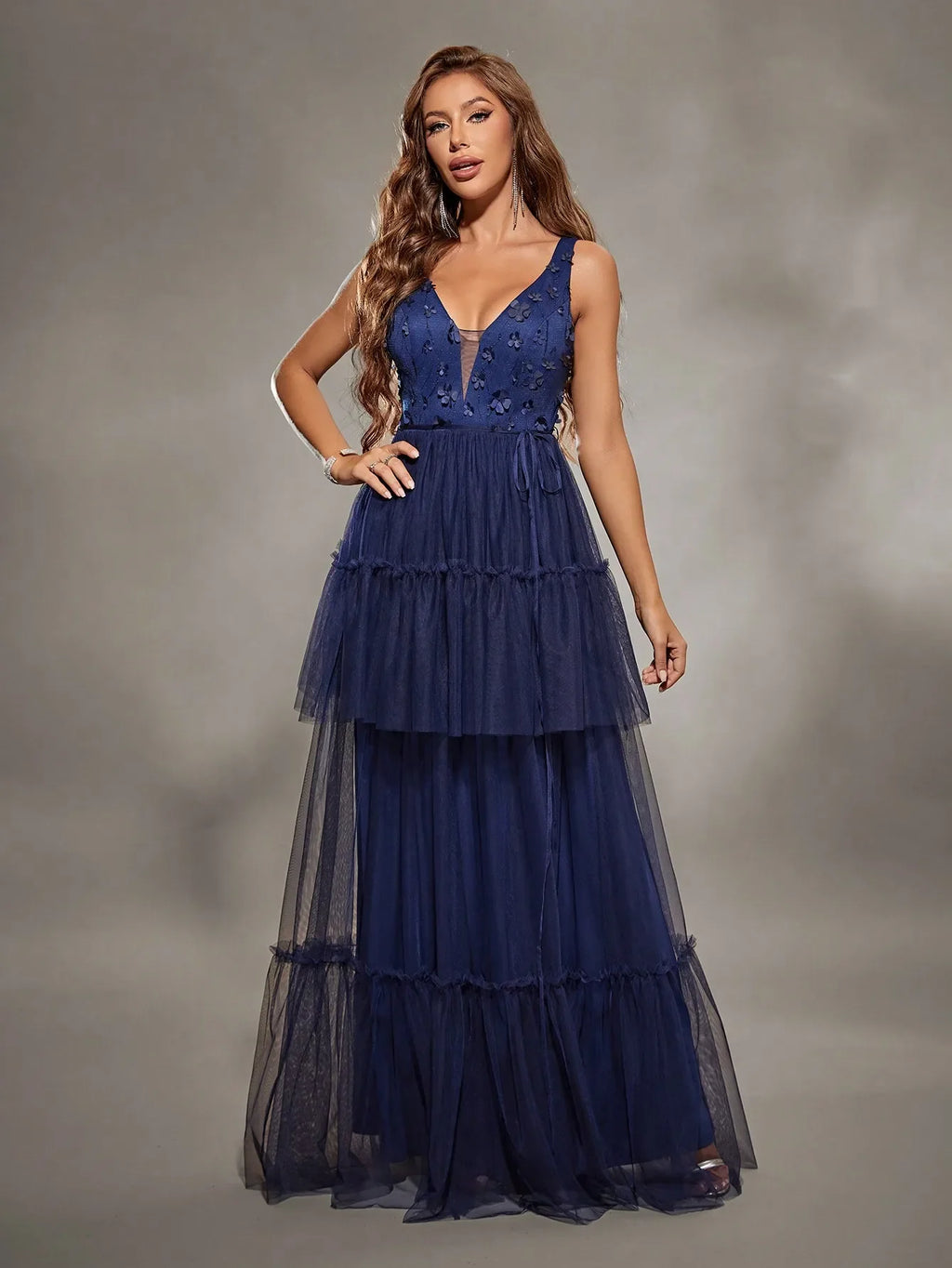 V Neck Embroidered Mesh Evening Gown With Layered Skirt