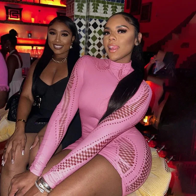 Sexy Hollow Out Mesh Long Sleeve Bodycon Mini Dress