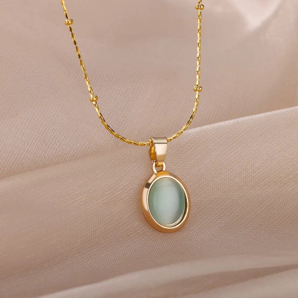 Gold Color Opal Oval Necklace for Women Stainless Steel Pendant Jewelry Gift