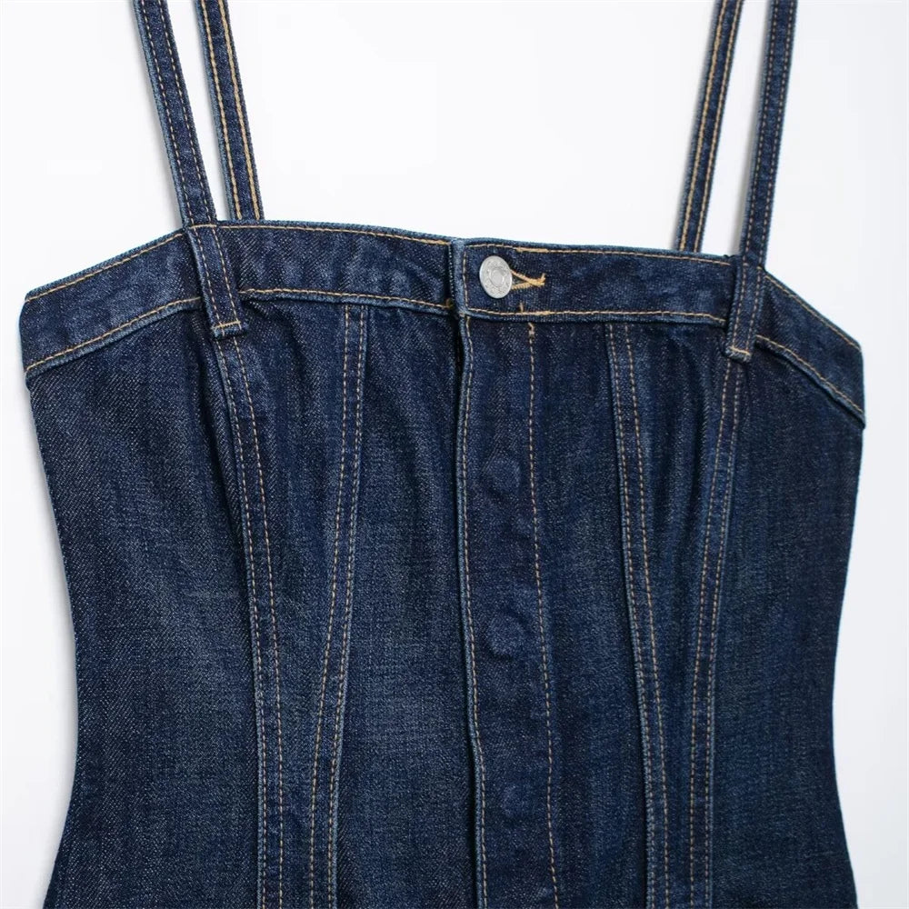 Loose Fitting Waist Belt Cotton Denim Long Jumpsuit for Women Comfortable Autumn and Winter Fashion