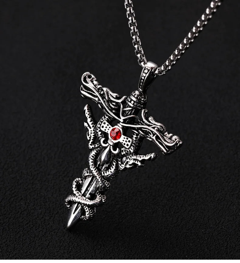 Punk Fashion Titanium Steel Necklace with Double Dragon Sword Pendant and Evil Eye Cross for Men