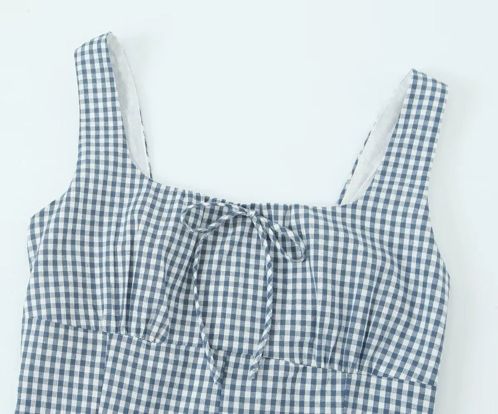 Waist Slimming Suspender Dress With Plaid Skirt Summer