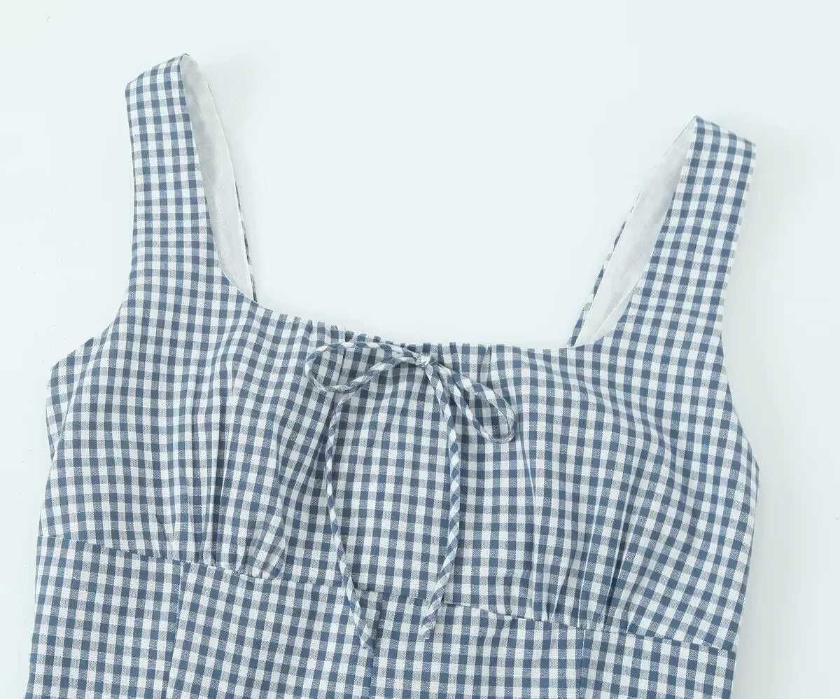 Waist Slimming Suspender Dress With Plaid Skirt Summer