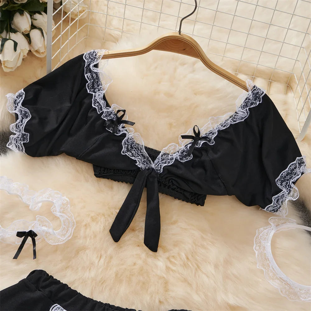 Sexy Maid Cosplay Lingerie Set with V-Neck Crop Top and Elastic Waist A-Line Mini Skirt
