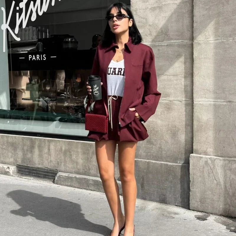 Women's Burgundy Skirt and Long Sleeve Jacket Set Elegant Mini Bow Lantern Sleeve Suit Autumn Outfit Stylish Two-Piece Matching Set