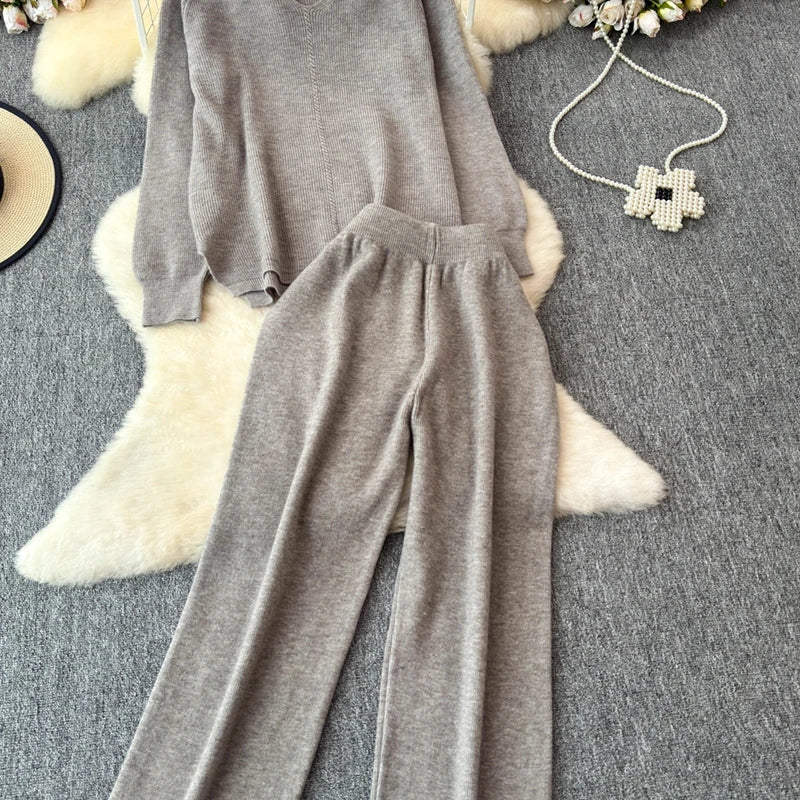 Cozy Knitted Two-Piece Women's Tracksuit Set with V-Neck Sweater and Straight Jogging Pants Autumn Winter Lounge Wear