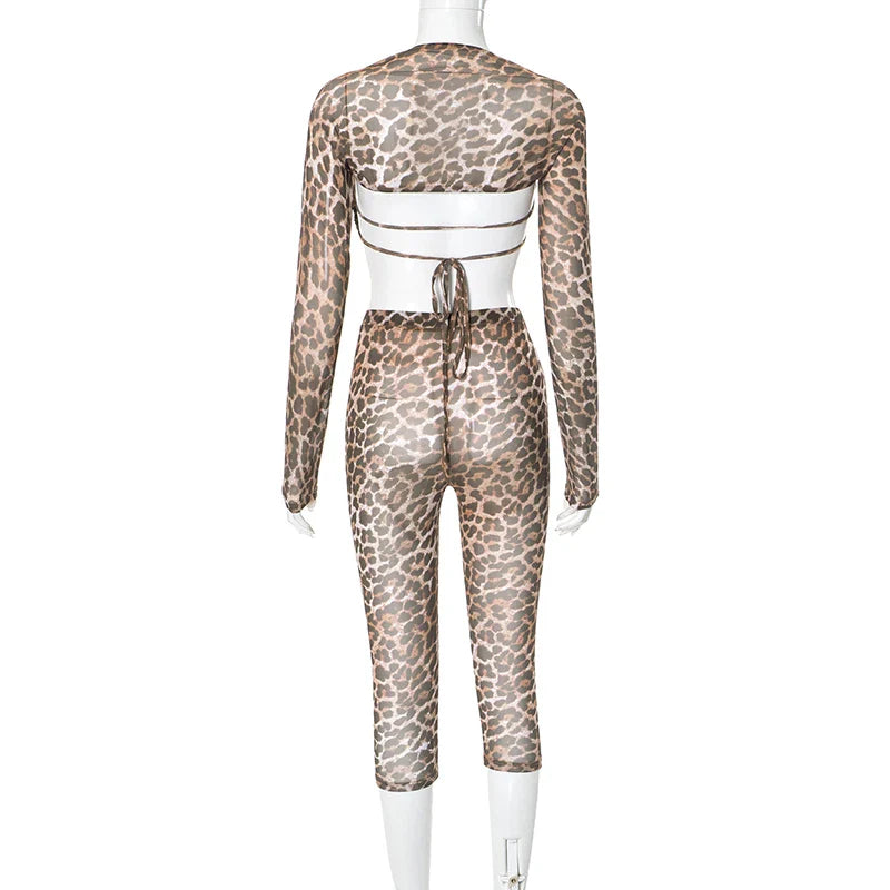 Leopard Print Mesh Long-Sleeved See-Through Sexy Set with Lace-Up Bustier, Short Shawl and Elastic Waist Pants