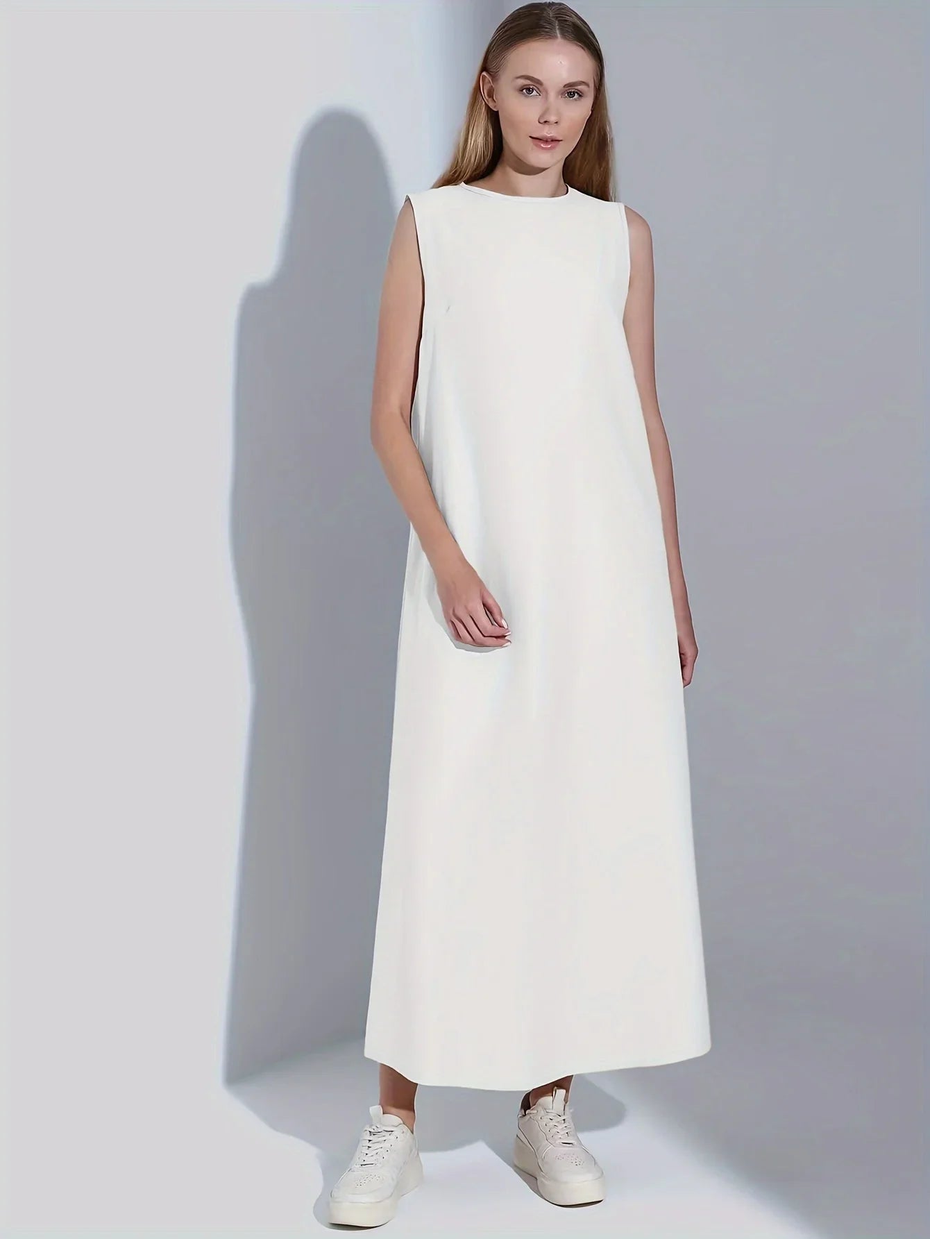 Casual White Dress Loose Round Neck Draped Straight Skirt