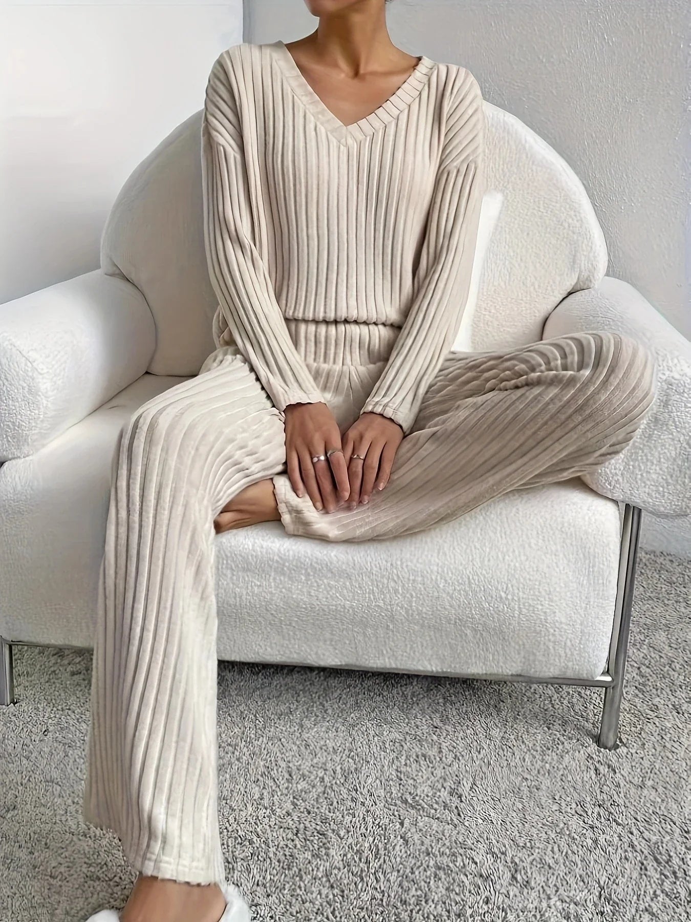 Autumn Winter Loose Casual V Neck Striped Knitted Two-Piece Set with Long Sleeve Top and Straight Tube Pants